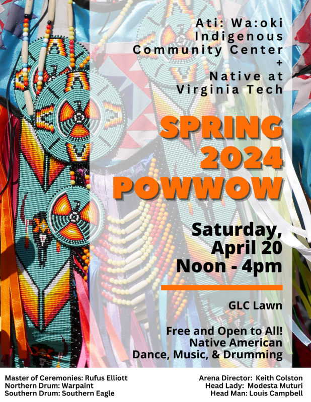 Native American Designed Tapestries and Necklaces are in the background promoting the Spring POWWOW on Saturday April 20 from Noon - 4pm  GLC Lawn Free and Open to All! Native American Dance, Music, & Drumming 
