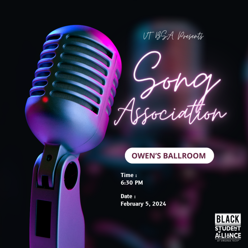 VT BSA Presents Karaoke Night Flyer has a microphone against a black background with hits of blue light around the text "Song Association. Owens Ballroom".