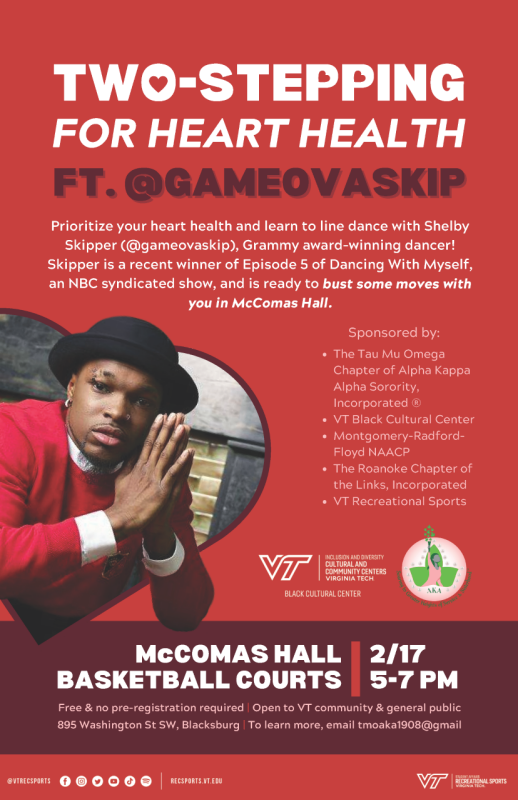 A red flyer a picture of gameoverskip with white letters that read Two-Stepping for Heart Health ft. @gameovaskip at McComas Hall Basketball Courts on February 17 from 5-7pm