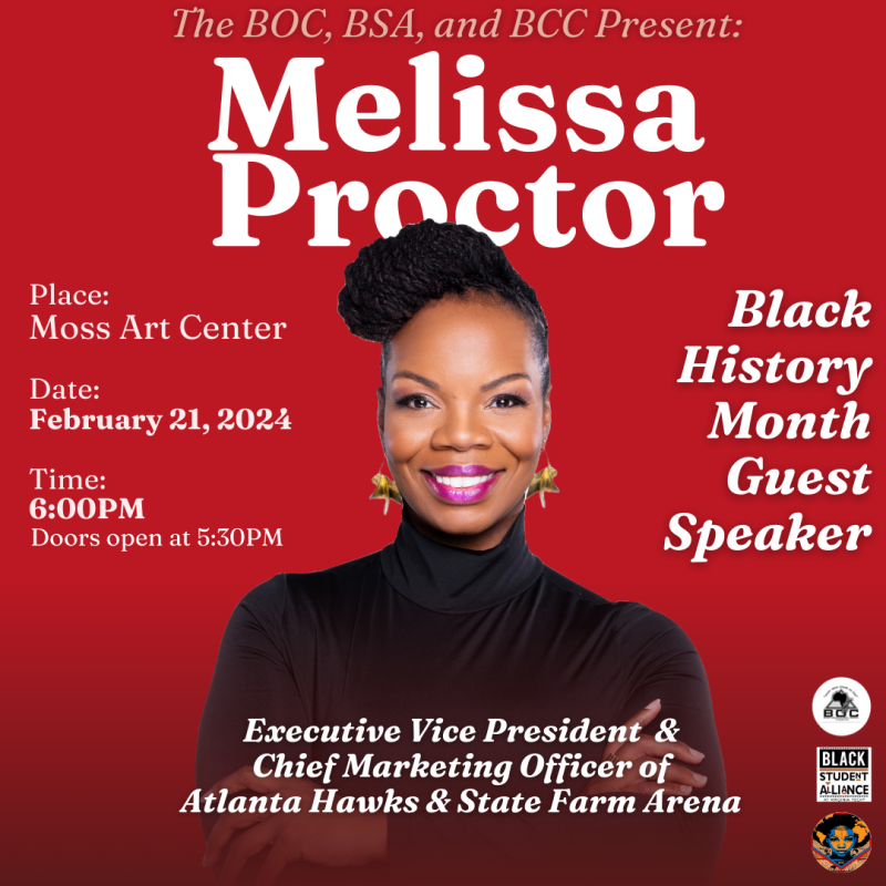 Join us on February 21st, 6:00pm at the Moss Arts Center as we welcome Melissa Proctor, the distinguished Executive Vice President and CMO of the Atlanta Hawks and State Farm Arena, as Virginia Tech’s Black History Month Keynote Speaker. Melissa stands in front of a red background 