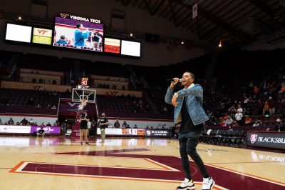 Member of the VT student group VTDITC performing at the halftime show of a VT women's basketball game, February 2023.