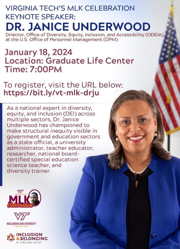 Dr Janice Underwood is the Keynote Speaker for the 2024 MLK Celebration held at the Graduate Life Center on January 18, 2024