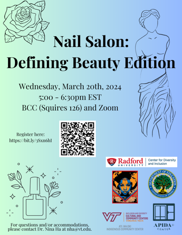 Nail Salon: Defining Beauty Edition March 20, 2024 5-6:30pm BCC Squires 126 and Zoom