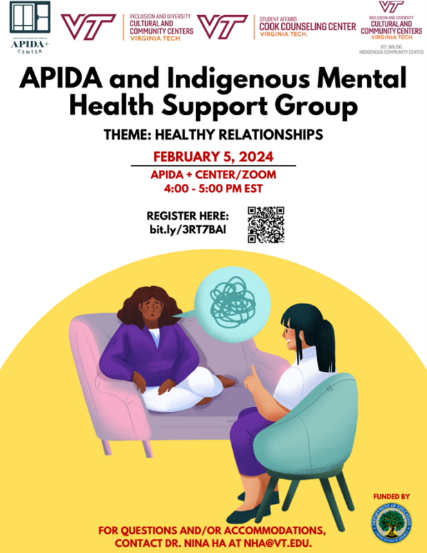 APIDA and Indigenous Mental Health Support Group February 5 from 4-5pm