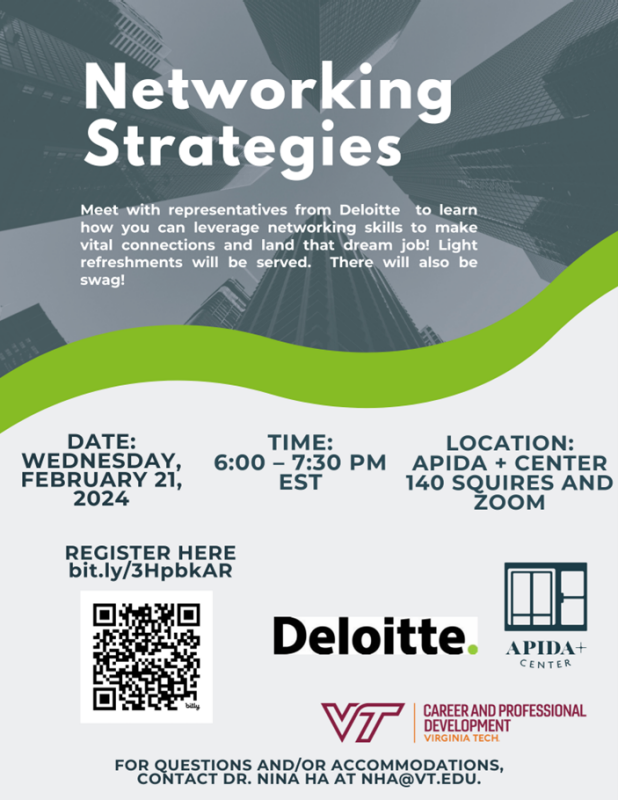 Flyer for the APIDA Plus Center Event that reads Networking Strategies Feb 21 6pm