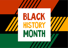 Black History Month wording in red, yellow, and green on a white background. All surrounded by a red stripe, a yellow stripe, a green stripe, and black background.