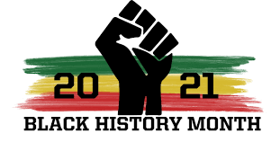 Black fist in the middle, 2021 split on either side, green, yellow, and red background, the words "Black History Month" under all.